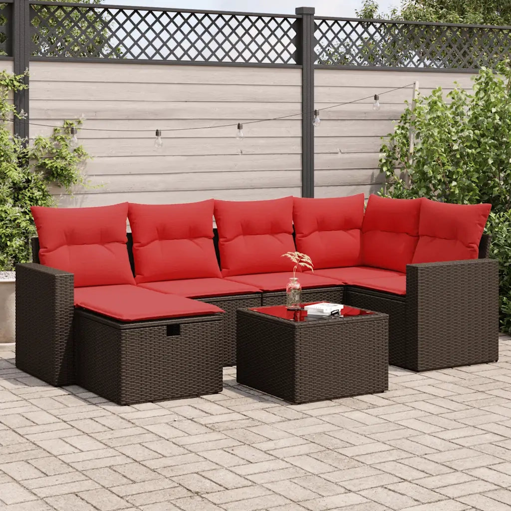 Set Divani da Giardino 7 pz con Cuscini Marrone in Polyrattan