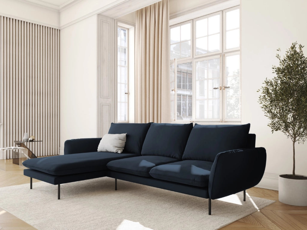 Cosmopolitan Design - Divano angolare sinistro "Vienna" 5 posti in velluto blu scuro 