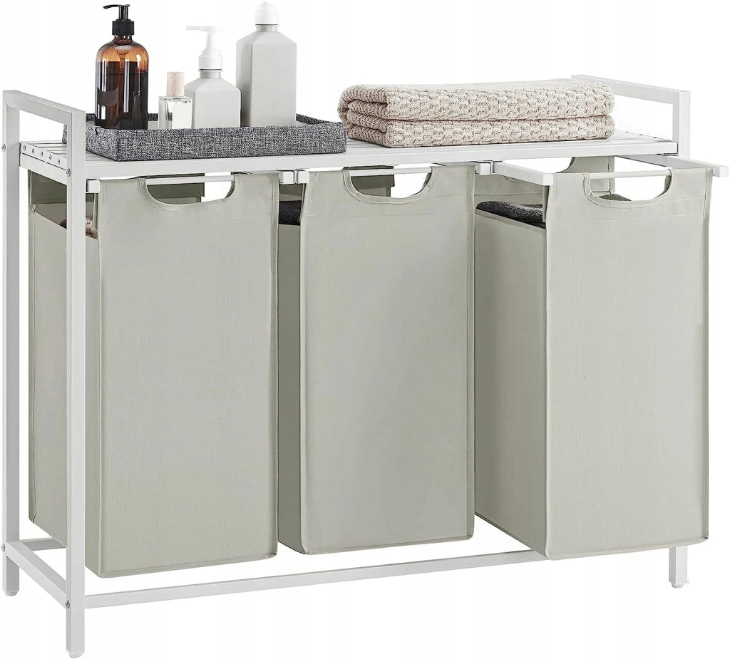 Cesto portabiancheria Valora bianco a 3 scomparti con piano in MDF stile loft