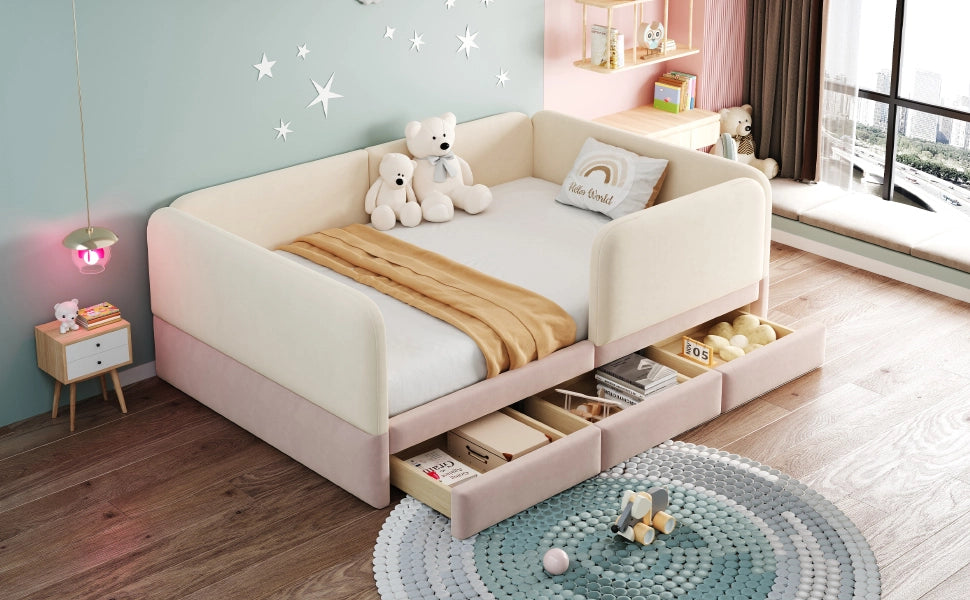 Letto per bambini imbottito 140 x 200 cm con sponde di sicurezza, angoli arrotondati e 3 cassetti contenitore, velluto beige/rosa