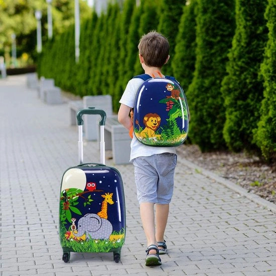Set di Bagagli per Bambini 2 Pezzi, Bagaglio Rigido con 12" Zaino e 18" Valigetta con Ruote