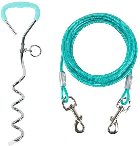 Cavo e palo per cani, esterno, giardino e campeggio, per cani di taglia media a grande fino a 57 kg, palo 40 cm, corda da traino 9,7/9/7,6/6/4,9/3,6/1,8 m con molla duratura e ganci metallici per esterno (4,5 m)