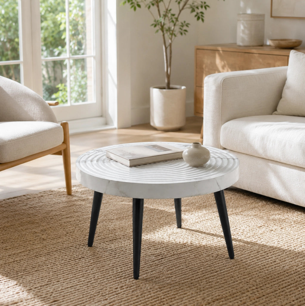Tavolino rotondo 73.99x73.61x22.5 cm con piano effetto marmo e scanalature; MDF e metallo; bianco