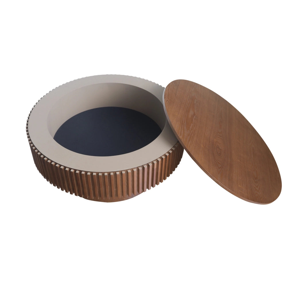 Tavolino da caffè rotondo con contenitore; design a fungo scanalato in legno e MDF; noce