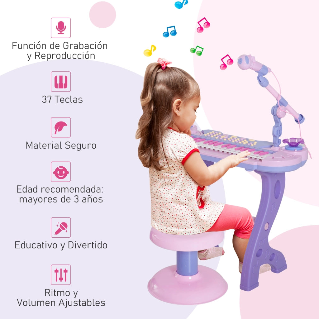 Pianoforte Giocattolo Elettronico 37 Tasti per Bambini ¨C zephmum ¨C Rosa con Microfono, Sgabello, Luci e 22 Canzoni