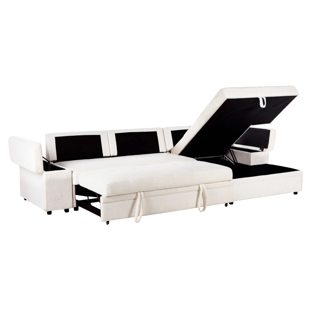 Divano letto angolare Bianco Boucle imbottito Orientamento a sinistra con letto contenitore