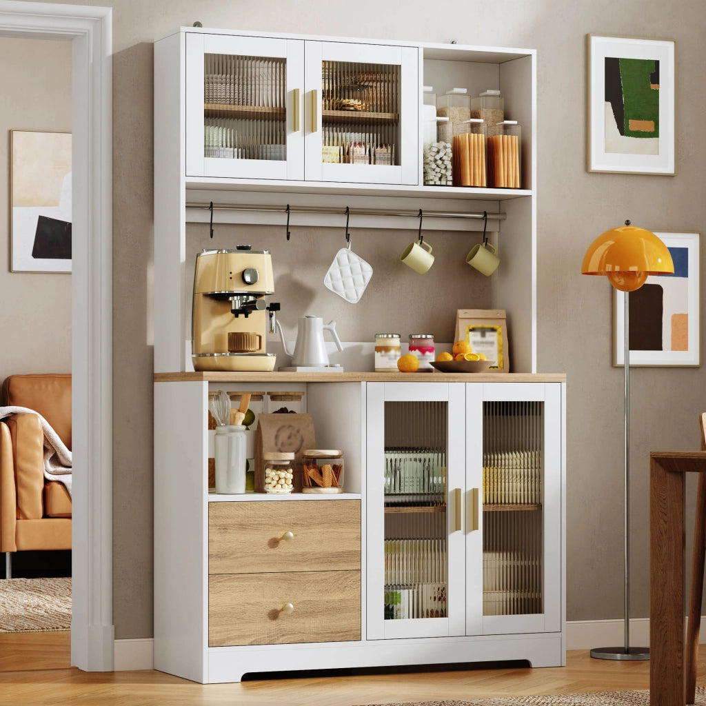 Credenza alta da cucina con LED, 4 ante in vetro temperato, prese e ripiani regolabili, per cucina, 110 × 40 × 178 cm