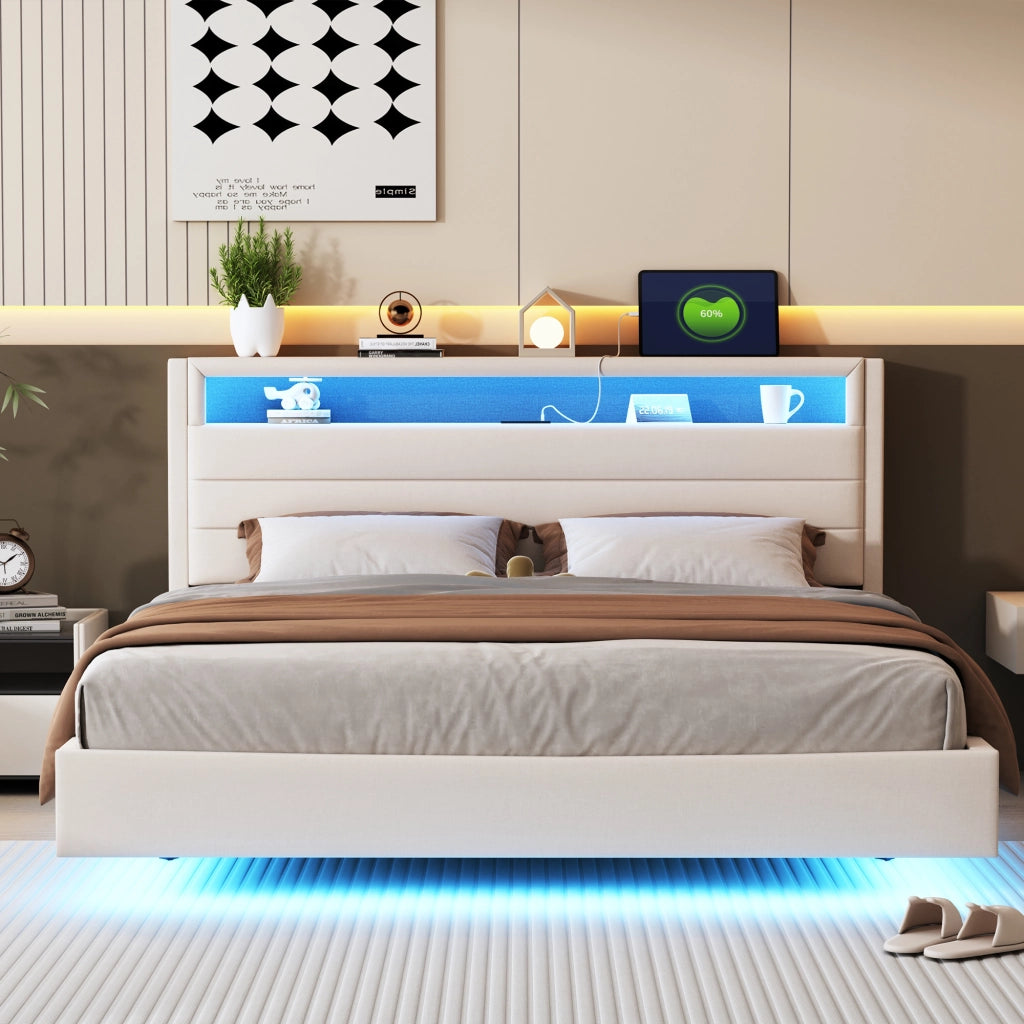Letto matrimoniale – 160x200 cm – USB LED testiera reversibile – lino beige