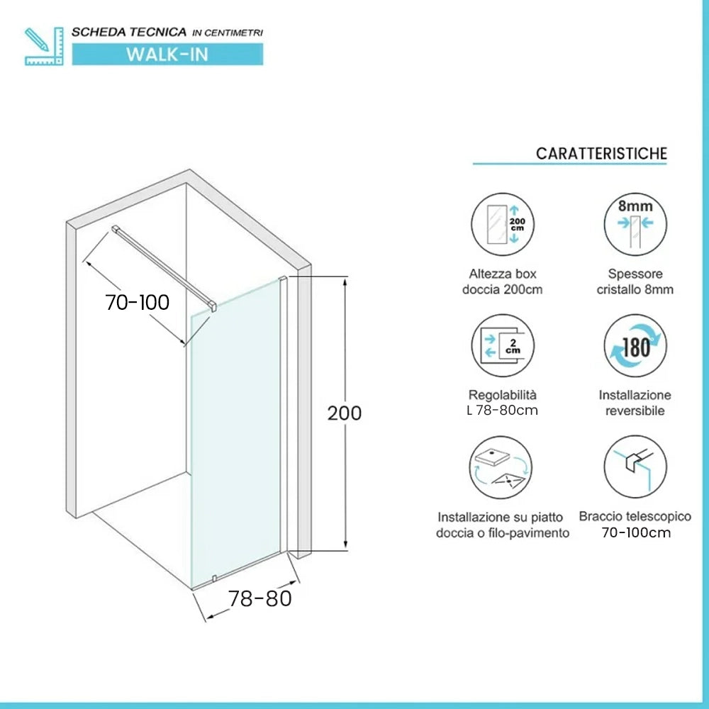 Box doccia walk-in 80cm in vetro temperato bronzo e profilo nero Klug