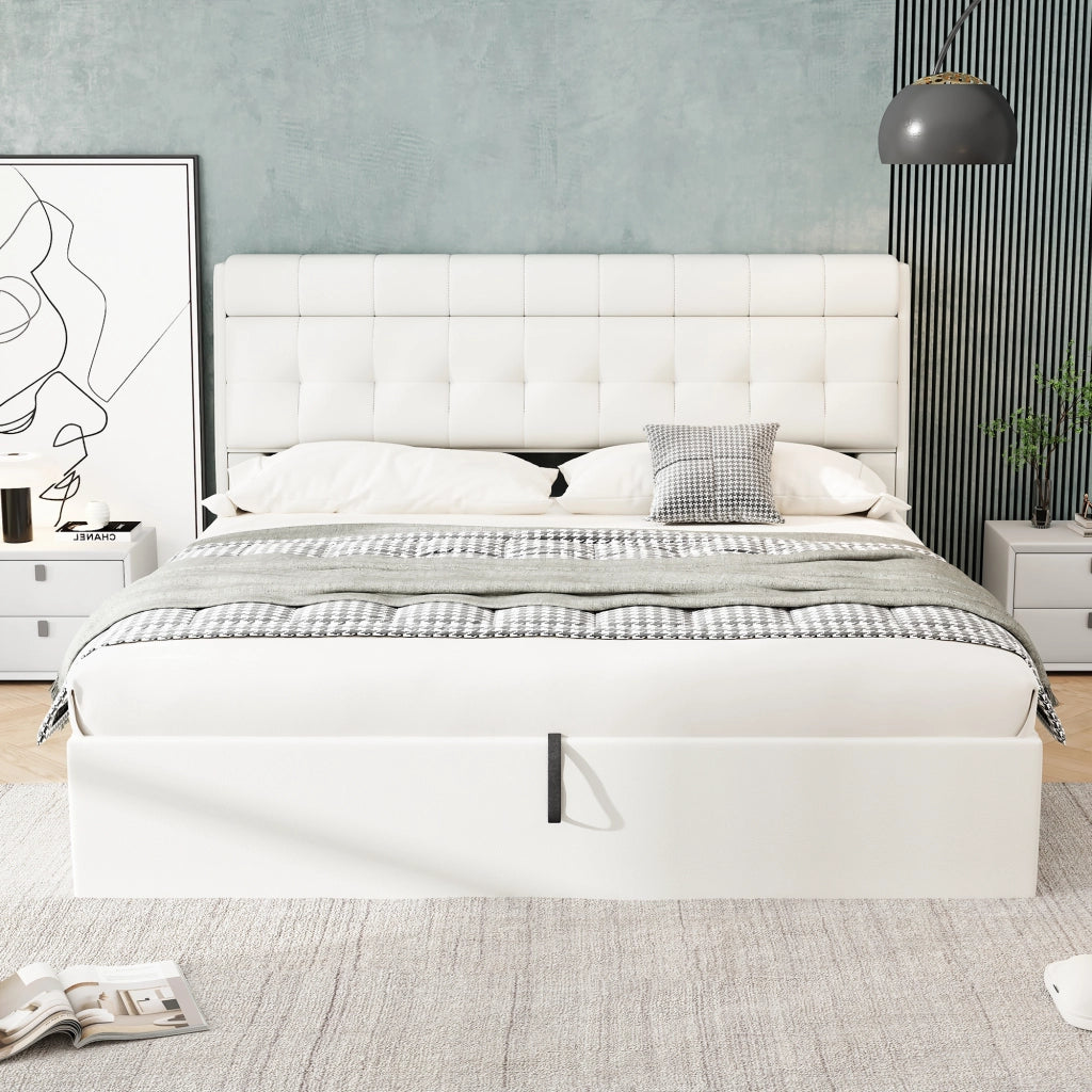 Letto imbottito elegante - Zephmum - 180x200 - Bianco - Idraulico, con testiera e contenitore