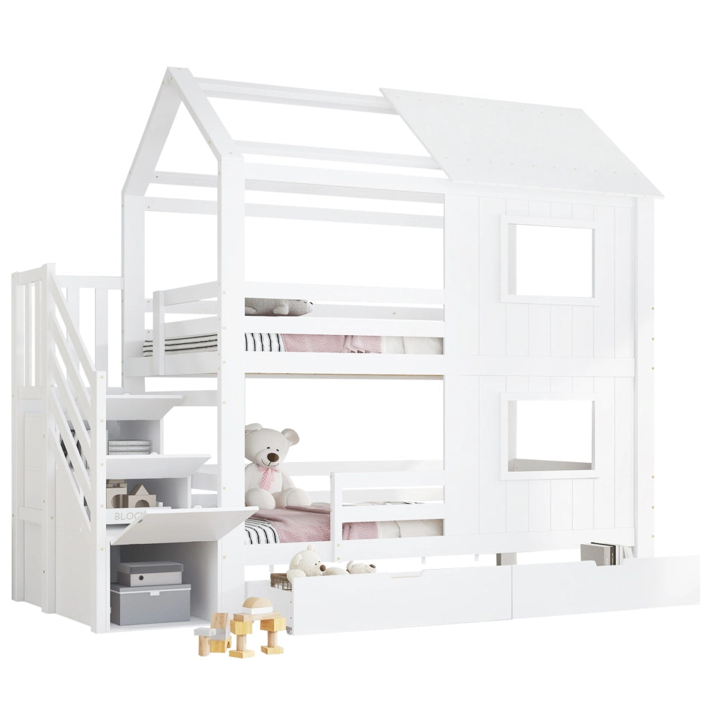 Letto a castello per bambini bianco 90x200 cm con scala contenitore