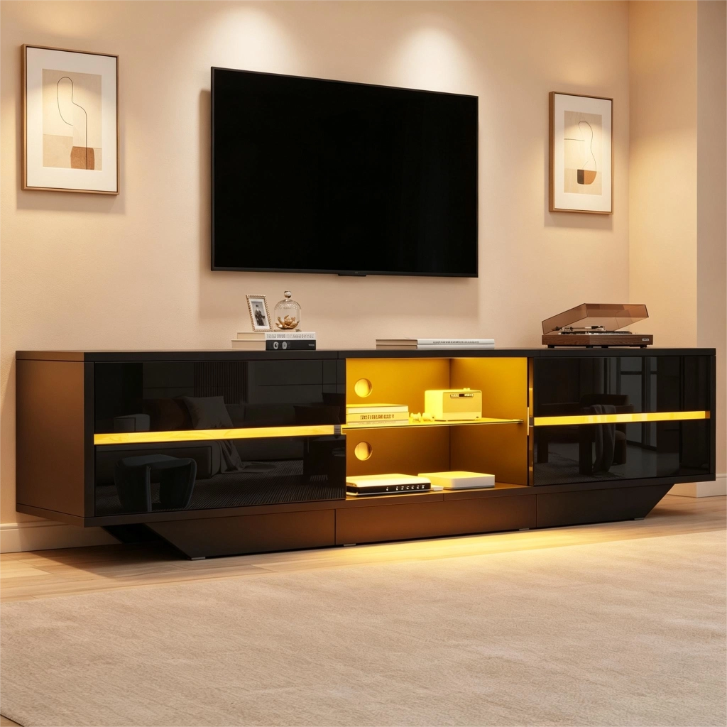Mobile porta TV con LED RGB, 2 ante e 4 vani con ripiano in vetro regolabile, per soggiorno, nero, 160 × 35 × 44,5 cm