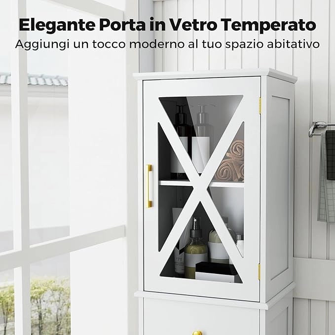 Armadietto da Bagno 40 x 30 x 168 cm, Colonna Bagno con Cassetto, 2 Ante e 3 Ripiani Regolabili, Mobiletto Salvaspazio per Cucina, Soggiorno e Ufficio (Bianco)