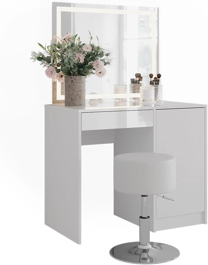 Tavolo da toeletta Sherry, Bianco/bianco lucido, 89.8 cm con specchio LED e sgabello, per l’uso quotidiano come postazione trucco e acconciatura