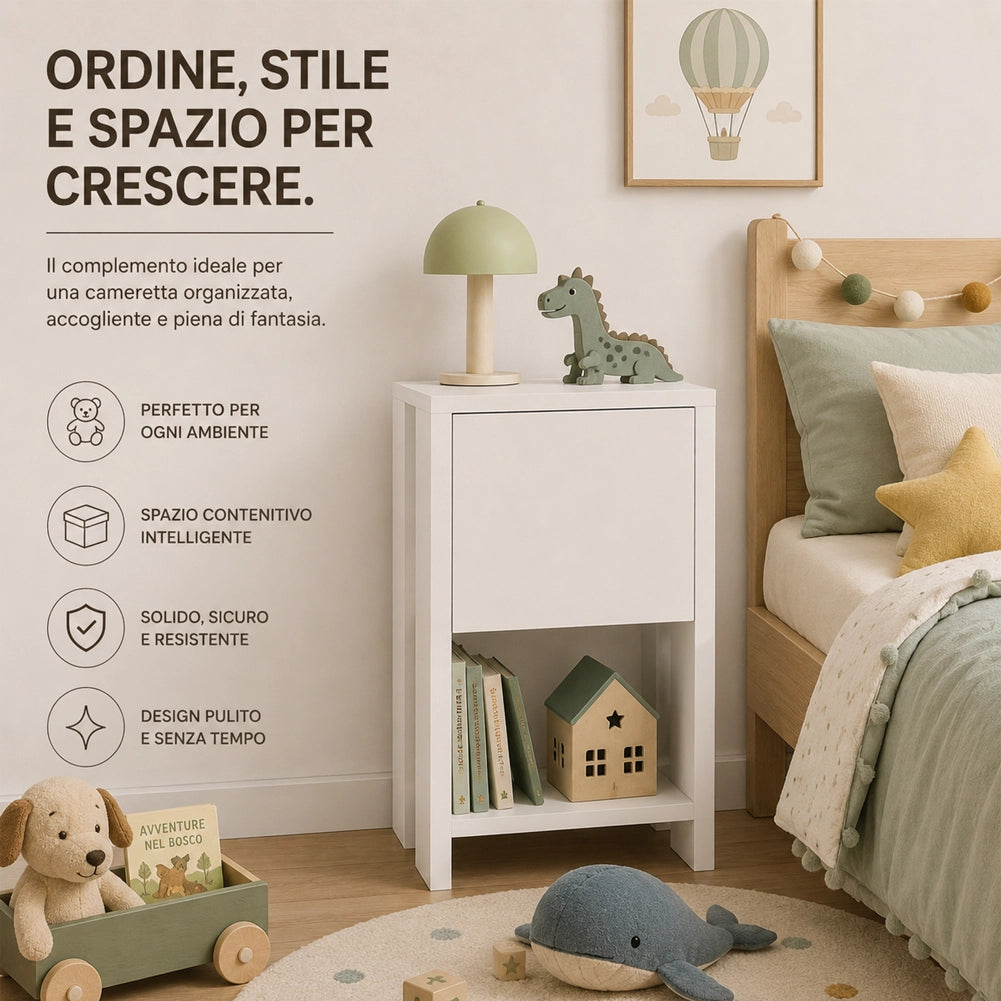 Comodino Mobiletto 2 Ripiani con Anta Tavolino Design Moderno in legno Bianco