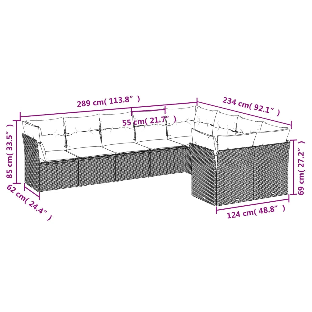 Set Divani da Giardino 10pz con Cuscini in Polyrattan Nero 3250015