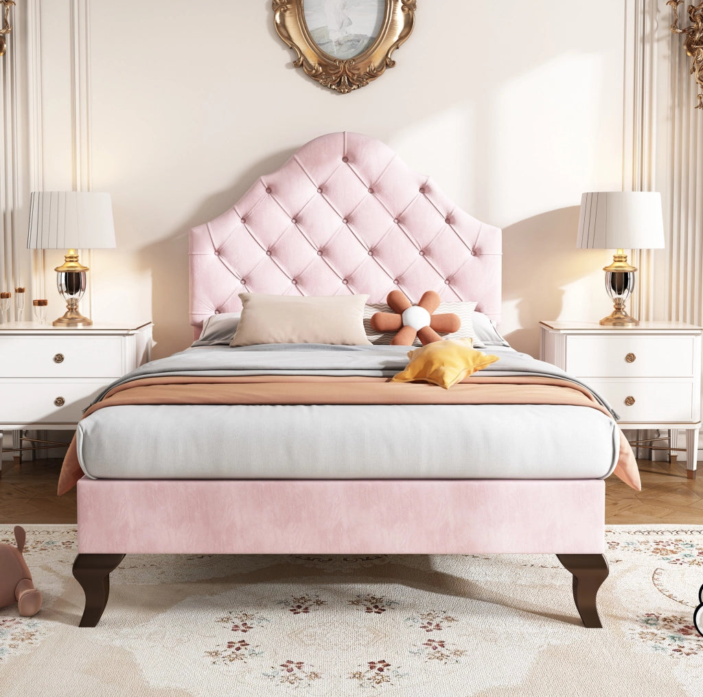 Letto imbottito 90x200 con testiera regolabile in velluto rosa