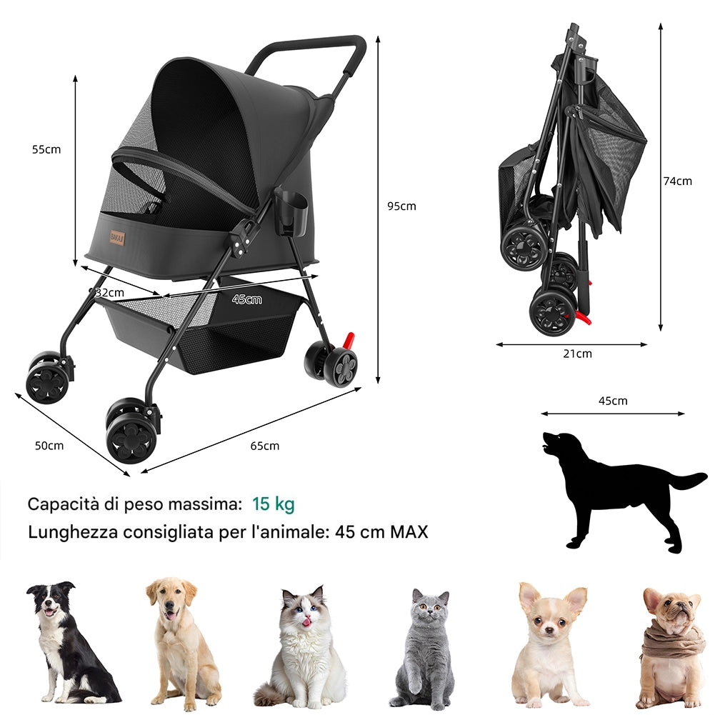 Passeggino per Cani e Gatti Carrozzina Animali Domestici Pieghevole Nero 15kg
