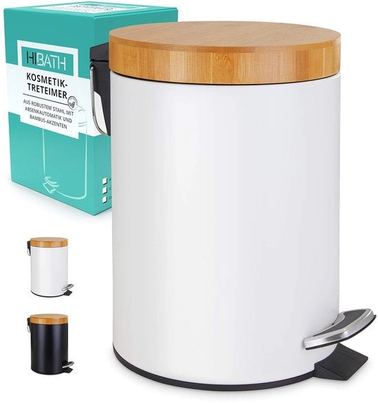 Afvalemmer in acciaio inossidabile con coperchio di bambù (5 litri bianco) - bidet e wc con meccanismo softclose - bidet e wc con pedale.