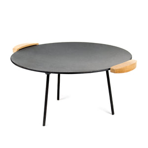 Piastra per barbecue fuoco in ghisa, liscia, rotonda Ø44cm altezza 44 cm manici in legno piedi 20 e 32cm