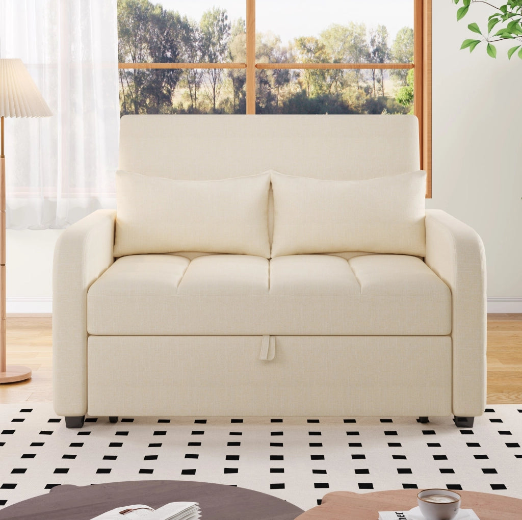 Divano letto pieghevole beige con schienale regolabile e due cuscini per ambienti compatti