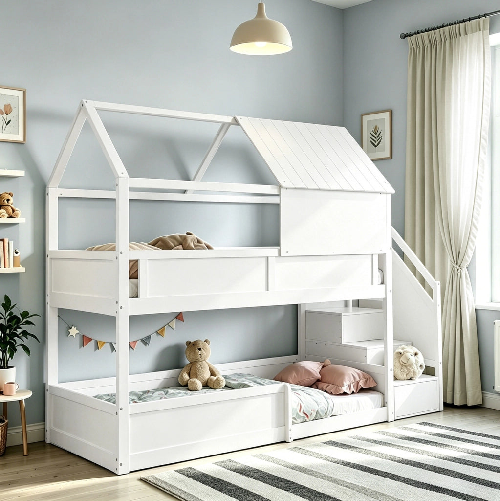 Letto a castello in legno massello con scala laterale e design con tetto; bianco