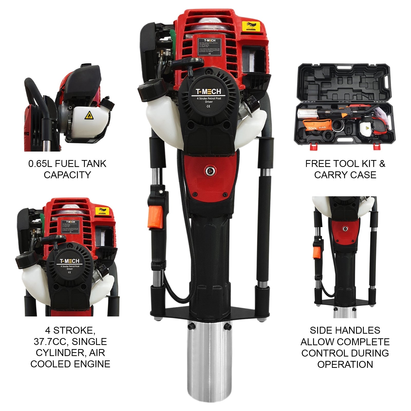 Battipalo con 4 Accessori Diametro 20-49mm / 100mm / 70-80mm / 50-69mm Motore Benzina 4 Tempi per Fissare Pali, Paletti e Staccionate