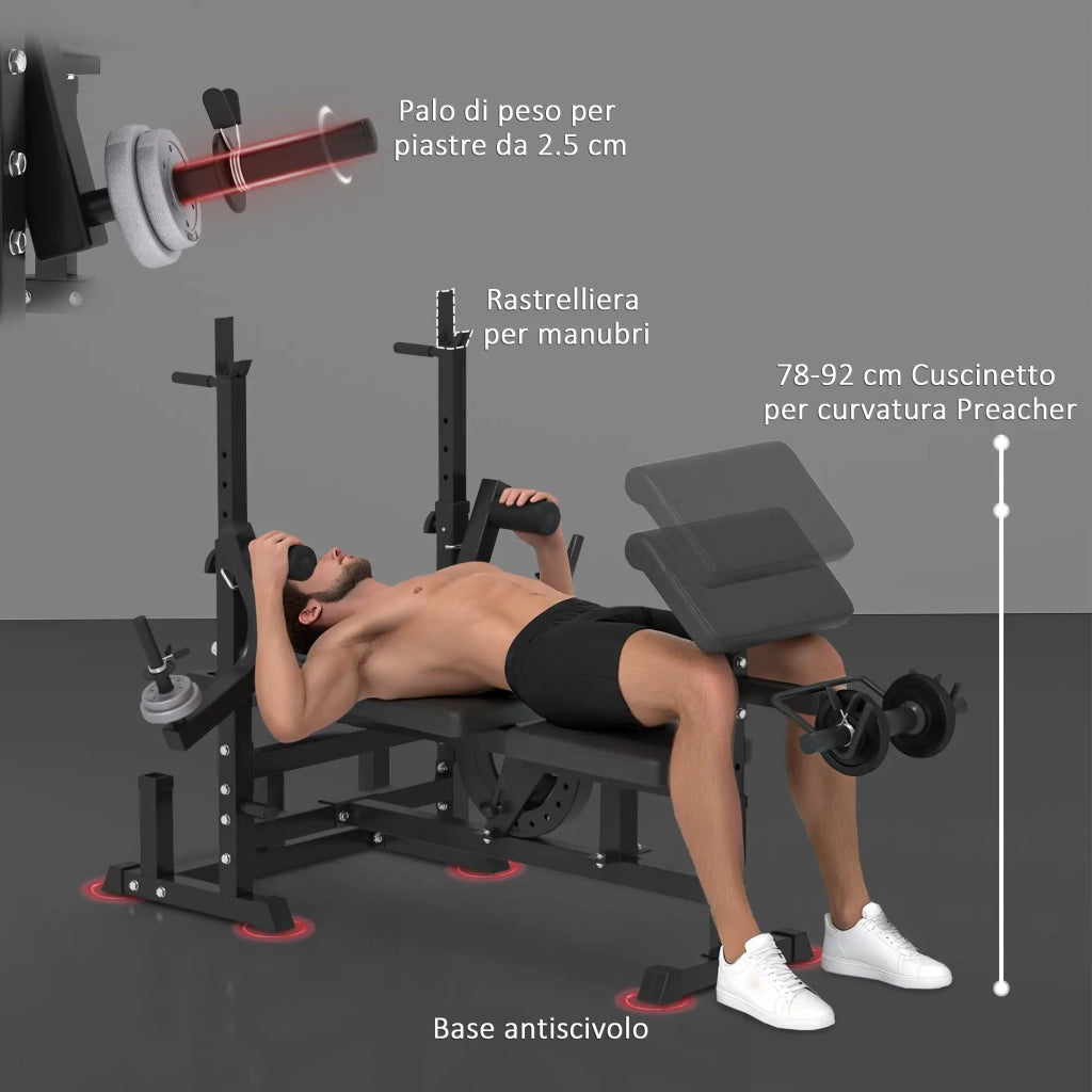 Panca da Palestra Regolabile con Supporto per Bilanciere 210x110x103-123 cm in Acciaio e PU Nero