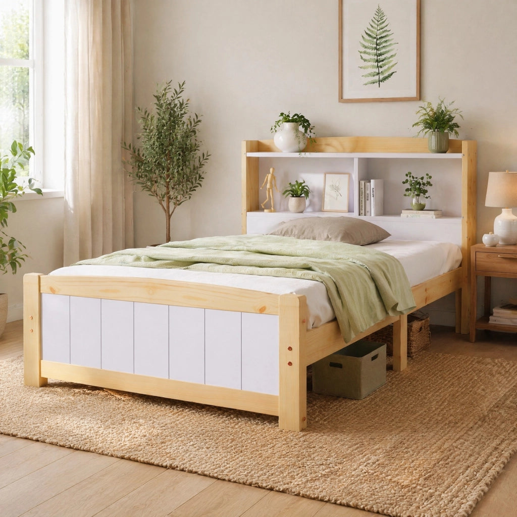 Letto singolo 90x200 cm in legno massello con testiera contenitore, bianco