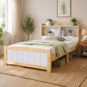 Letto singolo 90x200 cm in legno massello con testiera contenitore, bianco