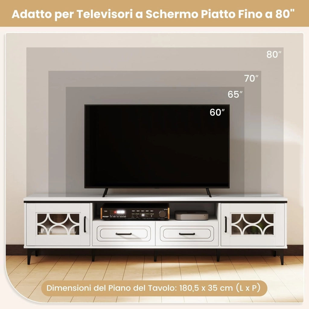 Mobile TV in Legno per Televisori Fino a 80", Mobile Porta TV 180 cm con 2 Cassetti, 2 Armadi e Scomparto, 7 Gambe Metalliche Rialzate, Consolle Media per Soggiorno (Bianco)