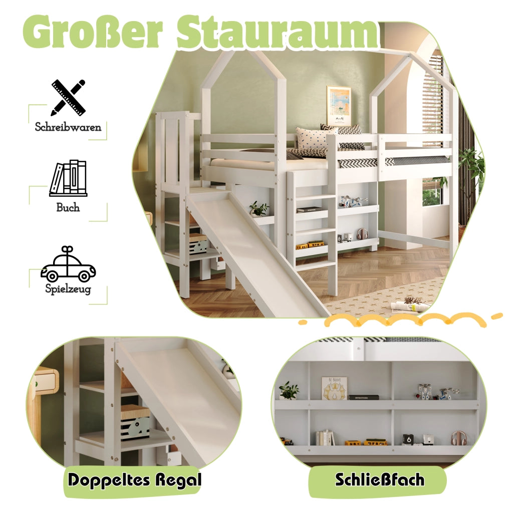 OKWISH Letto Bambino 90×200 cm, Letto Singolo con Scivolo, Scala, 6 Armadietti Contenitore e Mensola, senza Materasso, Bianco