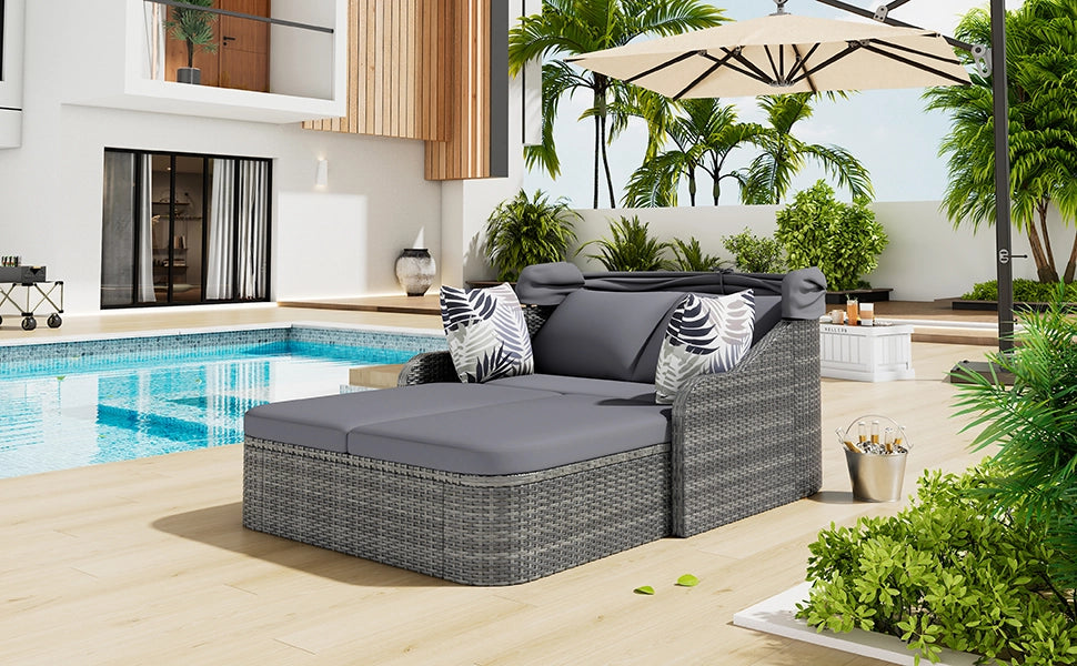 Set da giardino con area prendisole e tettuccio regolabile in rattan sintetico PE per giardino e piscina colore grigio.