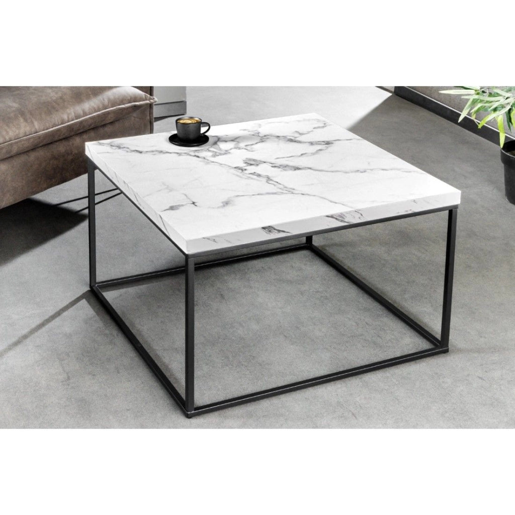 Tavolino basso ABITTA quadrato 60 cm marmo bianco – Moderno con piano effetto marmo e gambe in metallo