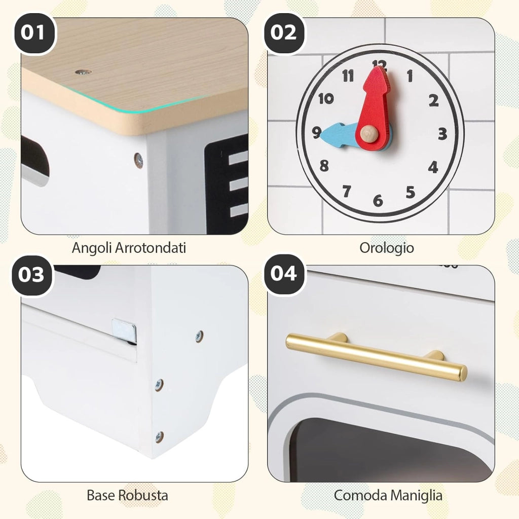 Cucina Giocattolo per Bambini, Set Cucina in Legno con Luci e Suoni Realistici, Fornelli, Lavandino, Rubinetto, Forno, Microonde e Macchina del Caffè, per Bambini 3+ Anni (Bianco)
