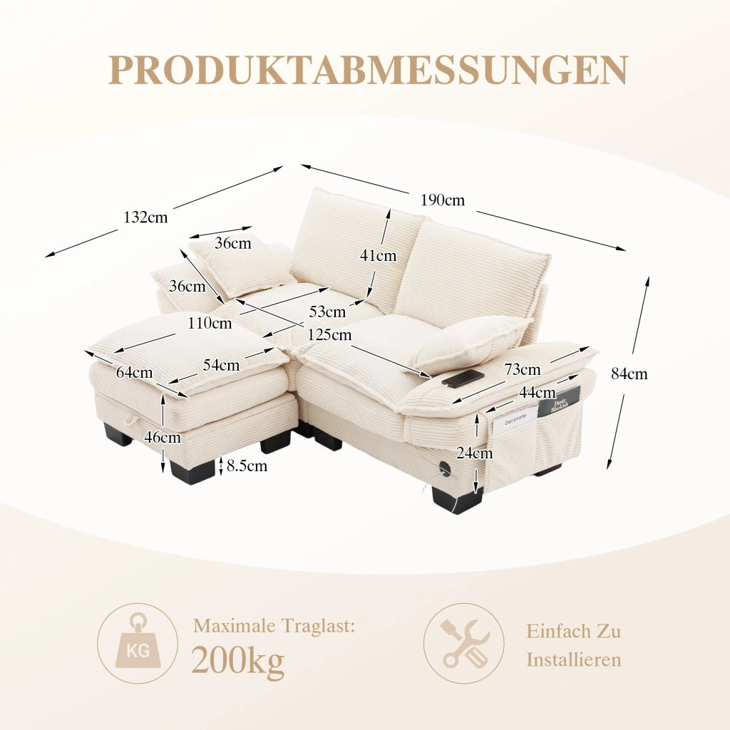 Divano modulare 2 posti in corduroy con pouf, seduta ergonomica, porta USB-C, tasche laterali e cuscini beige