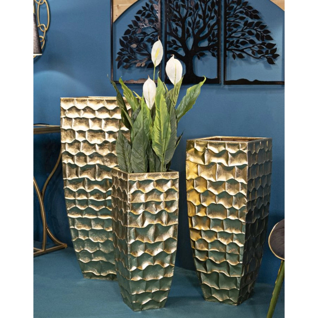 Set di 3 Vasi Decorativi VKH421, Oro, Metallo, 38x38x94 cm