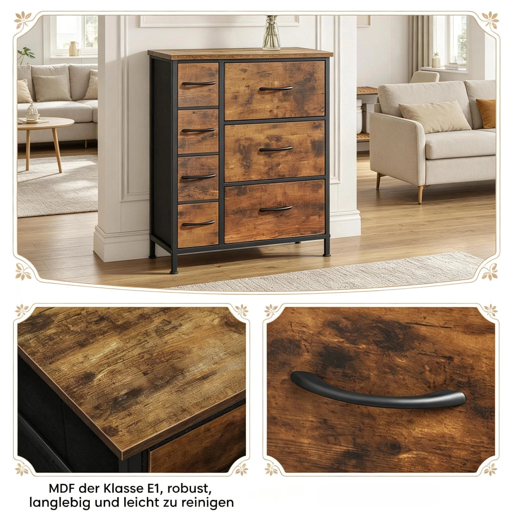 Mobile contenitore vintage con 7 cassetti in tessuto, in metallo e legno, per soggiorno e camera, 63,5 × 30 × 73 cm