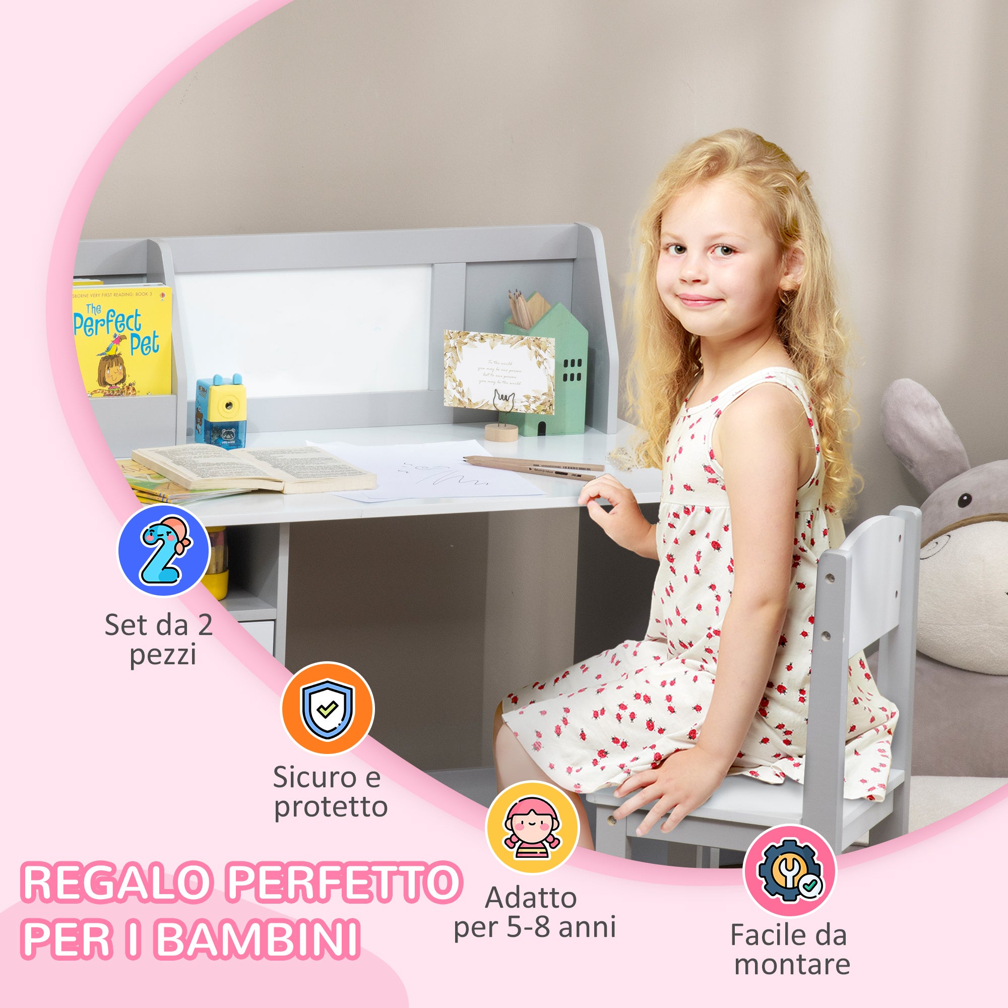 Set Tavolo e Sedie per Bambini 5+ Anni 90x45x 85 cm in Legno Bianco e Grigio