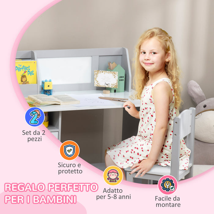 Set Tavolo e Sedie per Bambini 5+ Anni 90x45x 85 cm in Legno Bianco e Grigio