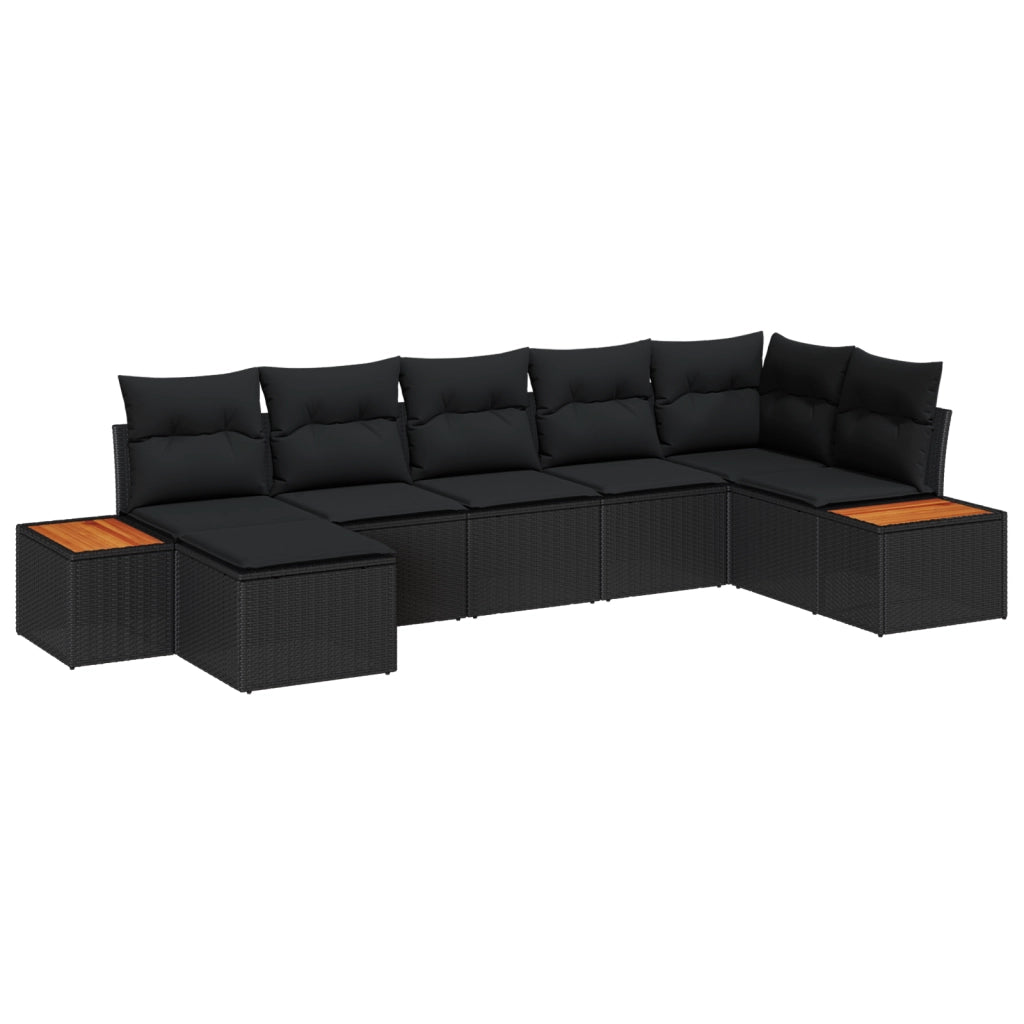 Set di Divano da Giardino 7 Pezzi con Cuscini Nero Polyrattan Acacia