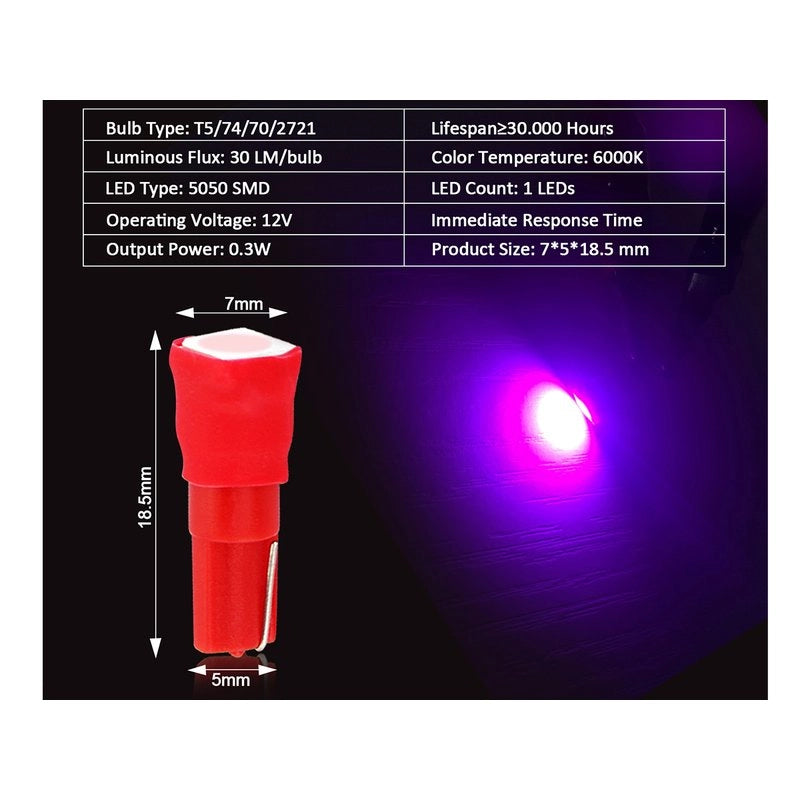 10 Lampadine Led T5 12V W1,2W Colore Rosa Pink Con 1 Smd 5050 Luci Cruscotto Auto