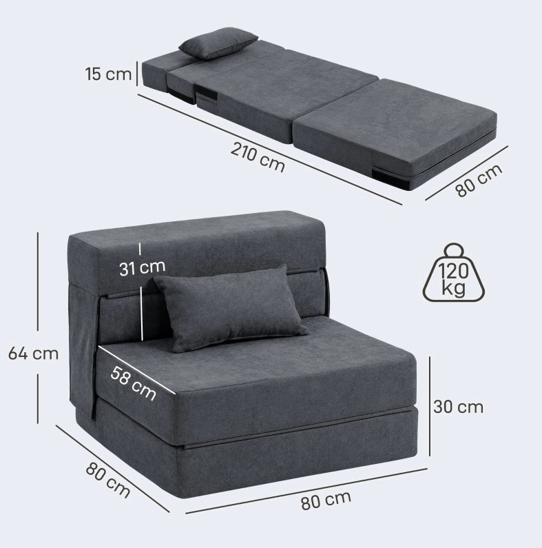 Poltrona letto pieghevole 3 in 1 grigio scuro con cuscino