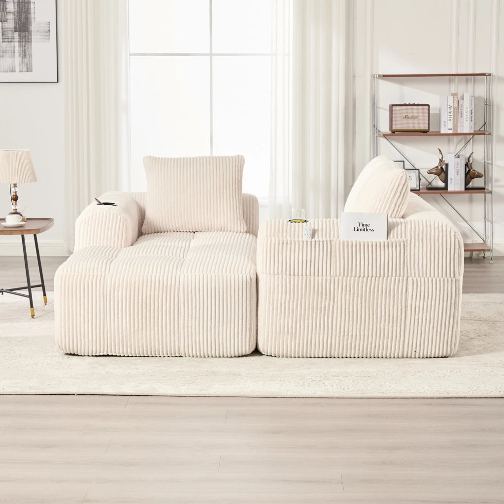 Divano componibile in corduroy beige 253x158x61 cm con tasche laterali e portabicchieri
