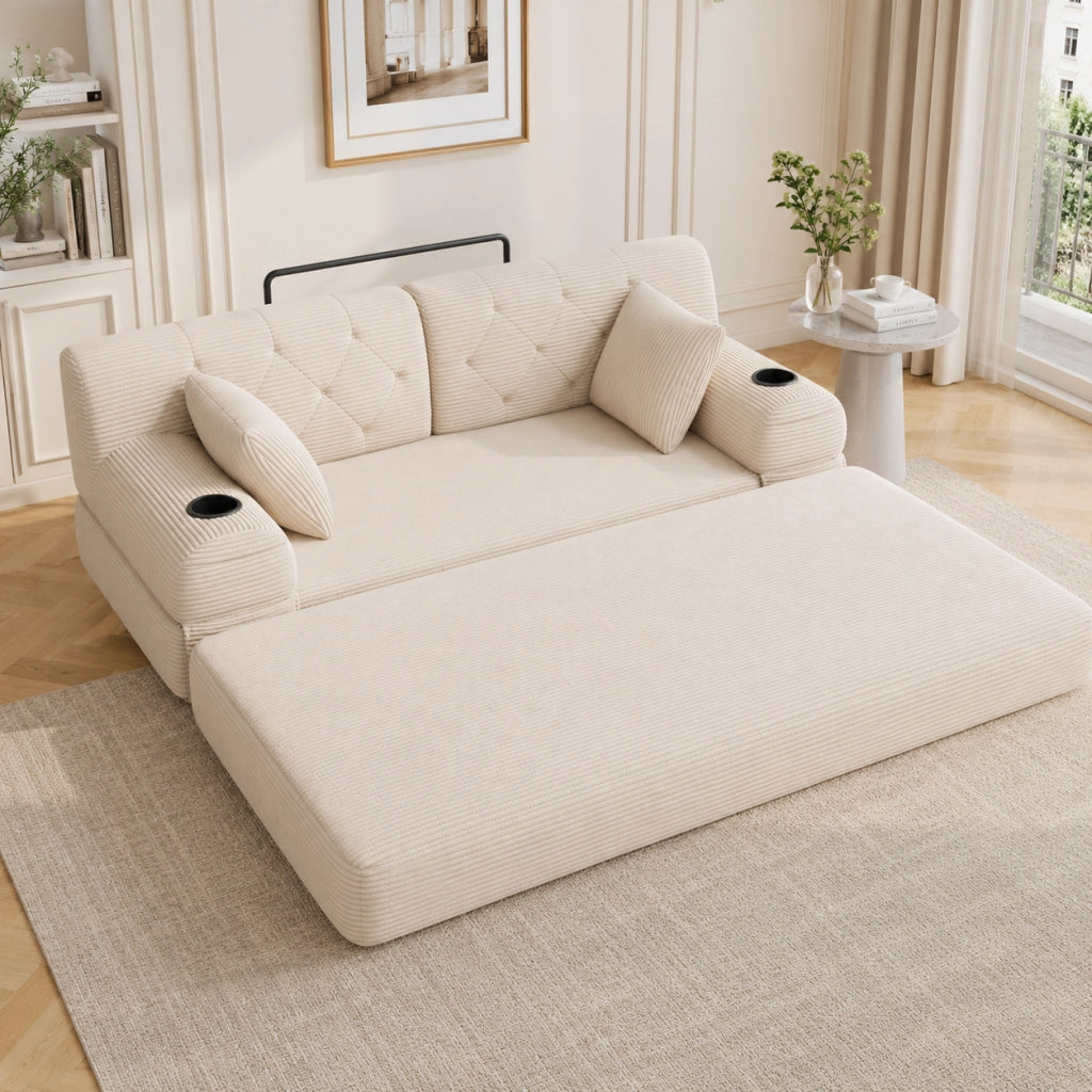 Divano letto compatto 2 posti con schienale alto, tasche laterali e portabicchieri in tessuto cord beige