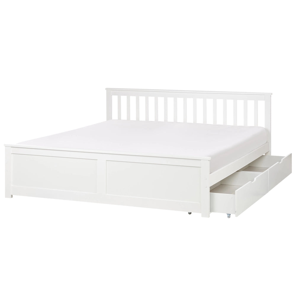 Letto matrimoniale Legno di Pino bianco con Rete a Doghe con 2 cassetti 180 x 200 cm Testiera a doghe minimalista