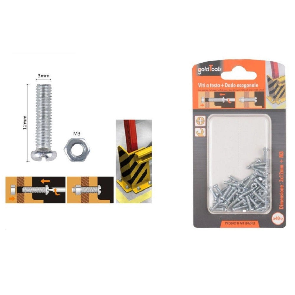 Trade Shop - Set 40 Pz Viti Vite Testa A Croce Tonda 3x12 Mm Con Dadi Dado Esagonale M3 90952 -