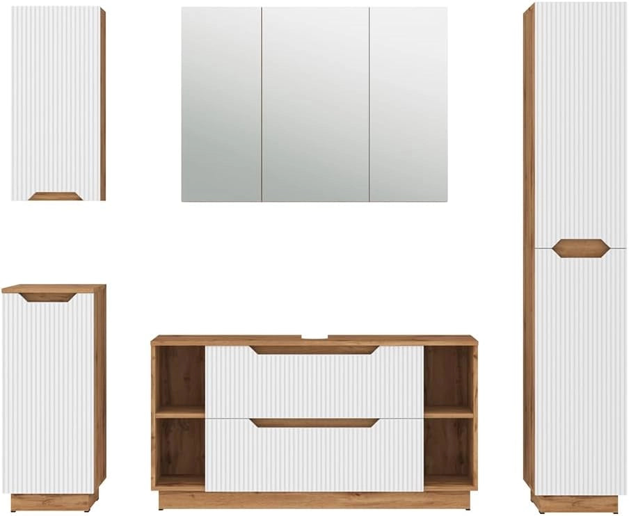 Set di mobili da bagno Lotta, Rovere/bianco a strisce, 5 parti