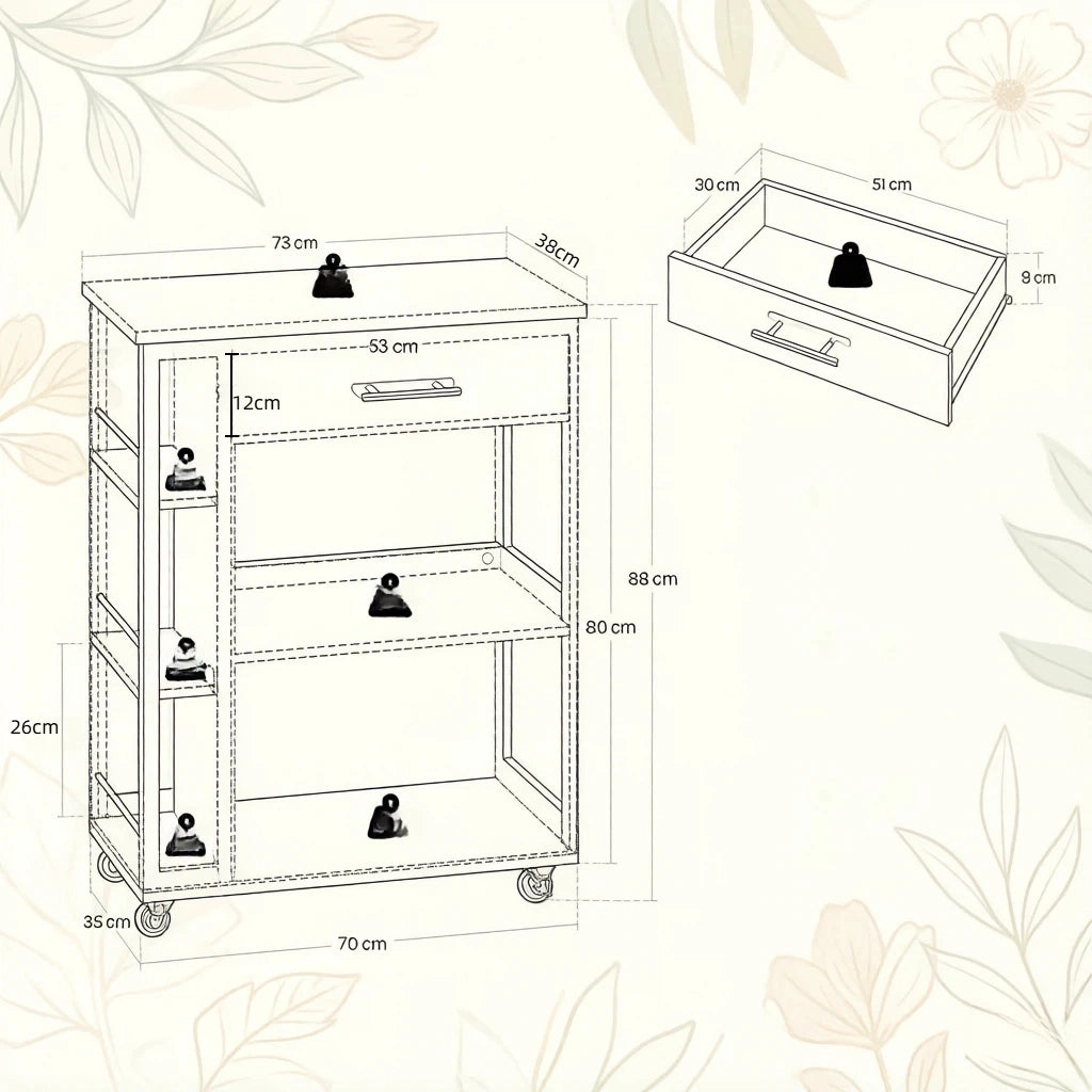 CARRELLO da cucina con cassetto e ripiani 73x38x88 cm MDF bianco effetto legno