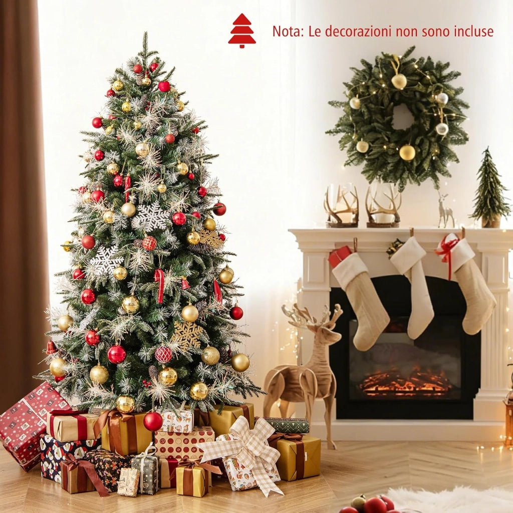 Albero di Natale Artificiale Pre-illuminato 180 cm con 270 Luci LED | Albero di Natale con 806 Punte di Rami in PE, PVC e PET e Pigne e Bacche Rosse, per Casa, Negozio e Ufficio